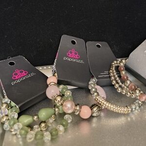 Easter SPRING. Pink and Sage Green Bead Bracelet Stack.  Ultra Femme